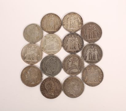 null Lot of 14 silver coins, Hercules, Louis XVIII, Louis Philippe, Napoleon III,...