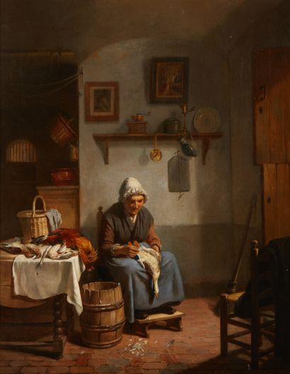 null 19th century English school
Housewife plucking game in her kitchen 
Oil on panel
64...