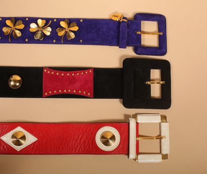 null YVES SAINT LAURENT
3 leather belts:
- red leather, white geometric detail, 1980s
-...