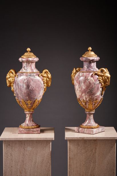 null Pair of peach blossom marble and ormolu vases with ormolu mounts decorated with...