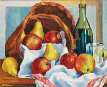 null 20th century school 
Still life with apples, pears and a bottle of wine 
Oil...