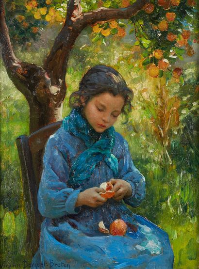 null Virginie DEMONT BRETON (1859-1935)
Little girl peeling clementines 
Oil on panel...