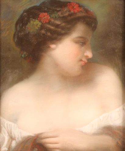 null Ecole Française du XIXe siècle 
Portrait de jeune fille à la couronne de fleurs
Pastel
44...