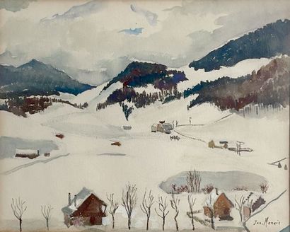 null Joe MARAIS (?) 
Snowy valley landscape 
Watercolor signed lower right 
40 x...