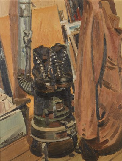 null Aimé MORET (20th century)
Shoes drying on a small stove 
Oil on panel signed...