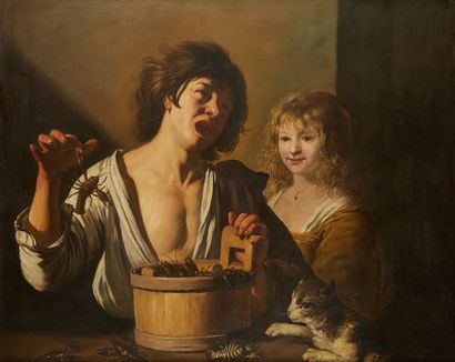  * École FRANCAISE vers 1640
L'enfant aux écrevisses avec une jeune fille et un chat
Toile
Hauteur... Gazette Drouot