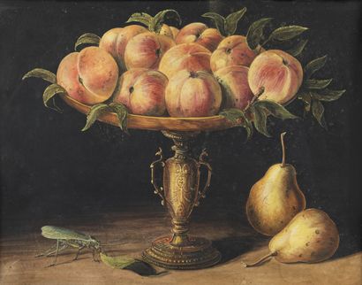 GIOVANNA GARZONI Still life with metal stand, peaches, grasshopper and pears. Nature... Gazette Drouot