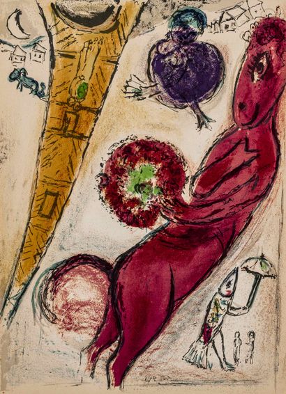  Chagall, Marc. La Tour Eiffel à l'Âne. Color lithograph on wove paper. 1954. sheet... Gazette Drouot