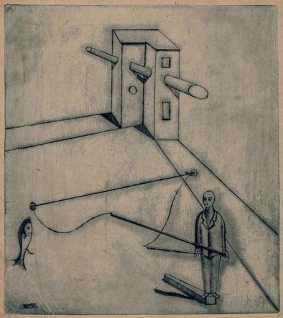  Ernst, Max. Untitled. Colored drypoint on light cardboard. Monogrammed in the plate... Gazette Drouot