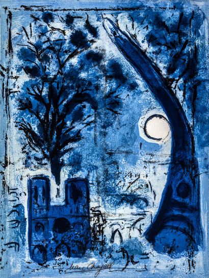  Chagall, Marc. Notre-Dame and Eiffel Tower. Color lithograph on paper. Signed lower... Gazette Drouot