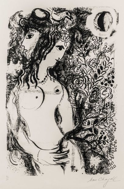  Chagall, Marc. Couple à l'oiseau. Lithograph on wove paper. Signed lower right.... Gazette Drouot