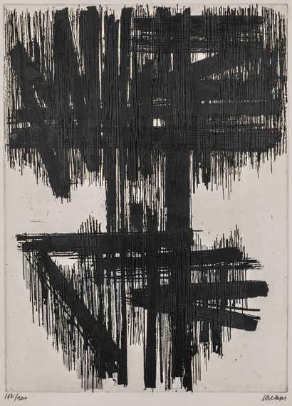  Soulages, Pierre. Eau-forte VI. Etching in black and gray on BFK-Rives. Signed and... Gazette Drouot