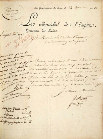 null * [Manuscrit]. MURAT (Joachim). Lettre signée à [Dejean], ministre de la guerre....