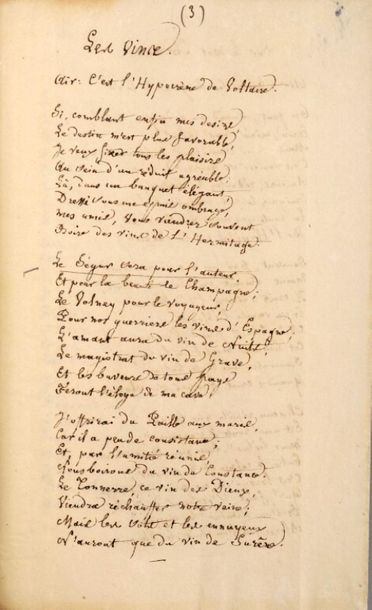 null * [Manuscrit]. SÉGUR (Louis Philippe de). Les vins. Copie manuscrite d'une main...