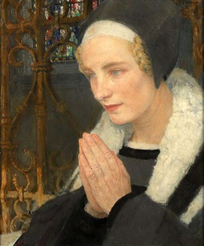 Edgar MAXENCE (1871-1954). Edgar MAXENCE (1871-1954).
Femme en prière.
Huile sur...