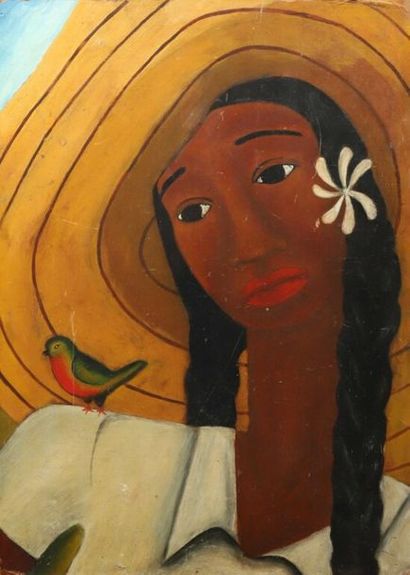 Ecole Moderne. ÉCOLE MODERNE.
Portrait d'une tahitienne à l'oiseau.
Huile sur isorel.
(Accidents...