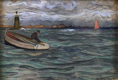 Auguste MATISSE (1866-1931). Auguste MATISSE (1866-1931).
Pêcheur sur une barque.
Crayon,...
