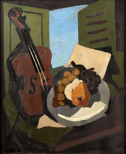 null Jean JOVENEAU (1888-?).
Nature morte cubiste au violon et aux fruits la fenêtre...