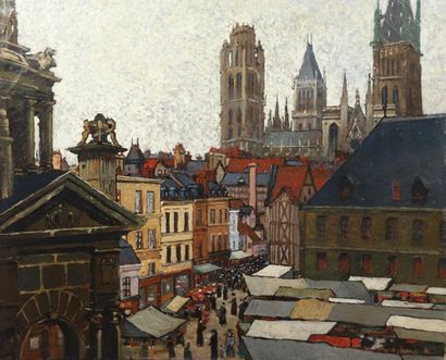 Robert FARDEL (1867-1931). Robert FARDEL (1867-1931).
Scène de marché à Rouen
Huile...