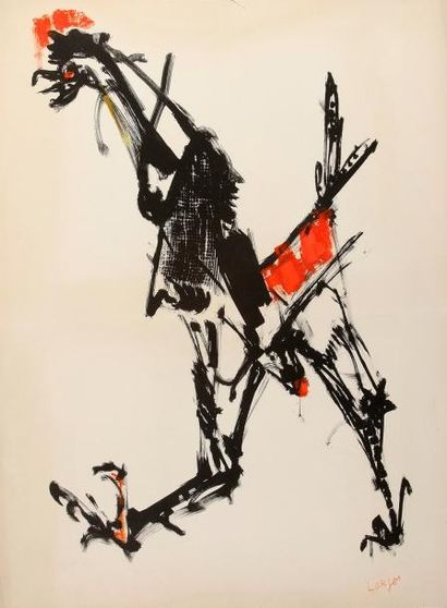 LORJOU, BERNARD (1908-1986) Coq. Lithographie rehaussée d'huiles de couleur, signée...