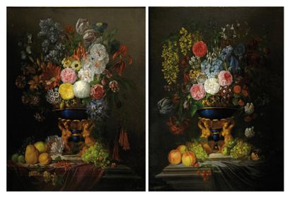 EDOUARD AUTRIQUE (1799/1876) Bouquet de fleurs Paire d'importants tableaux, huile...