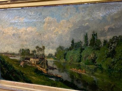 null Alexandre René VERON (1826-1897).
Guinguette et canotiers en bords de Seine.
Huile...