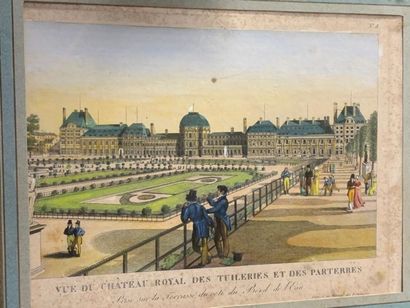 null Ensemble de 4 gravures en couleurs en l'état sur Paris:
Vue du château royale...