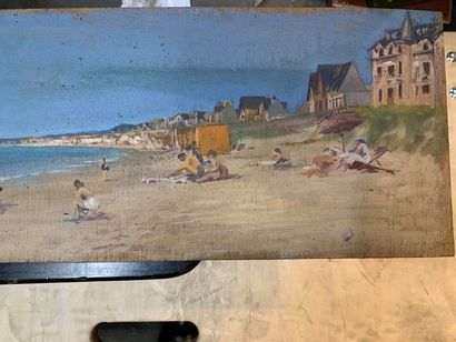 null ECOLE FRANCAISE, vers 1950
La plage.
Acrylique sur panneau.
D. : 19 x 65,2 ...