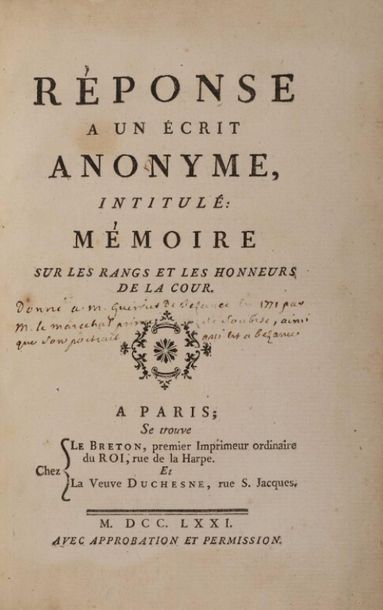  * [GEORGEL (Jean-François)]. Reply to an anonymous writing entitled: Memorandum...