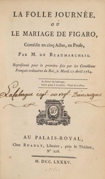 null BEAUMARCHAIS (Pierre-Augustin Caron de). La Folle journée, or The Marriage of...