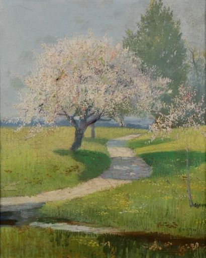 Jean KERN (1874-1967). Jean KERN (1874-1967).
Paysage de printemps au cerisier.
Huile...