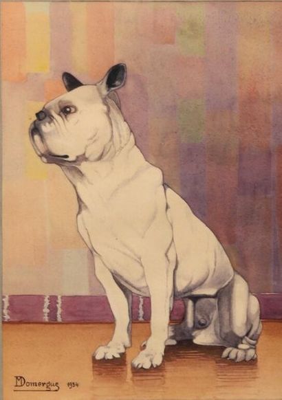 M. DOMERGUE. M. DOMERGUE. 
Bulldog français assis.
Aquarelle signée et datée 1934...