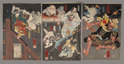 JAPON : Triptyque de KUNIYOSHI JAPON : 
Triptyque de KUNIYOSHI, le fameux duel opposant...