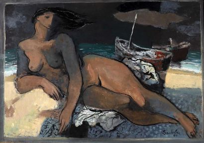 Jean SOUVERBIE (1891-1981). Jean SOUVERBIE (1891-1981). 
 Lying nude on the beach.
Oil...