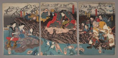 JAPON : Triptyque par KUNIYOSHI JAPAN: 
Triptych by KUNIYOSHI, appearance of toads...