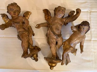 null TROIS ANGELOTS en bois sculpté, doré et polychrome.
XVII-XVII° siècles.
H. :...