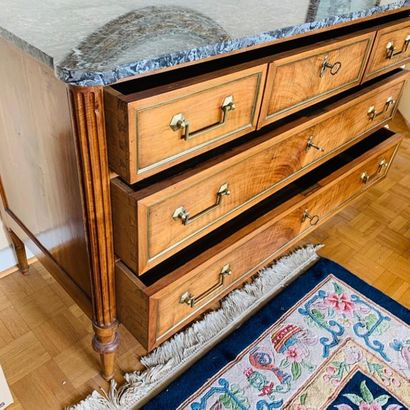 null Walnut veneer COMMODE opening by three drawers. Uprights with fluted half columns,...