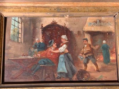 null École MODERNE dans le goût de Teniers.
Scène de taverne.
Huile sur panneau.
D. :...