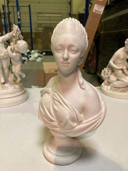 null BISCUIT representing Mme du Barry In bust model after Pajou. 
Marked under the...