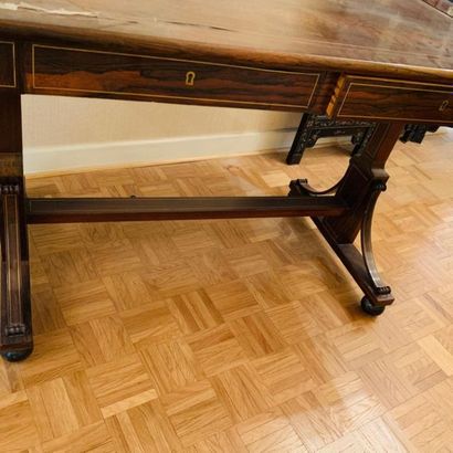 null Rectangular TABLE DESK with mahogany veneer flap opening by two drawers in the...