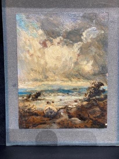 null Late 19th century FRENCH school.
Stormy landscape. 
 Oil on cardboard. 
(Missing...