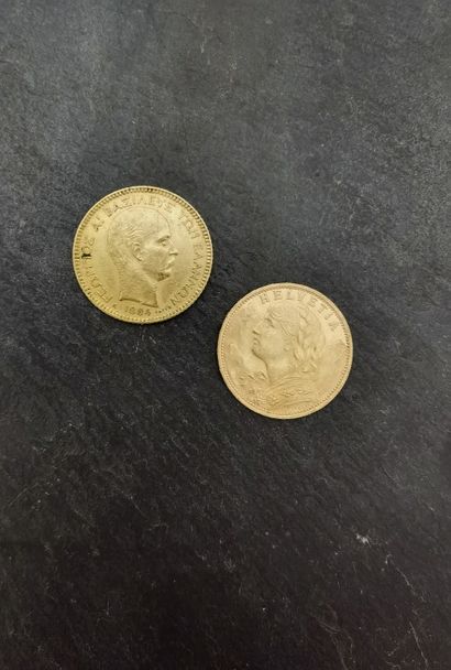 null Lot de pièces d'or 900 mm comprenant 

- 20 drachmes 1884 George 1er. Poids...