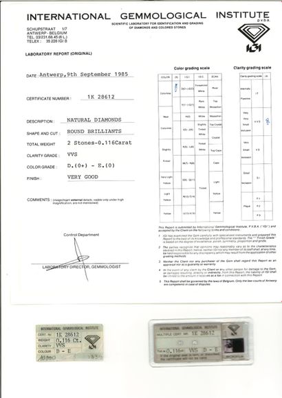 null 2 apairages de diamants sous scellé avec 2 certificats INTERNATIONAL GEMMOLOGICAL...