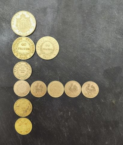null Lot de pièces d'or 900 mm : 

- 50 Frs or Napoléon III tête nue, A 1858, 16,10...