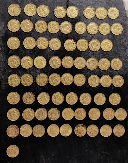 null 70 pièces 20 francs de 1849 à 1898 en or 900 mm : 

- 1 pièce de 20 FF, 1849...