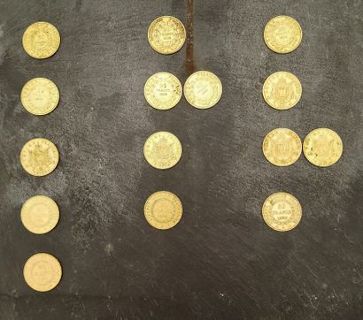 Set of 15 gold 900 mm 20 FF coins, from 1851...