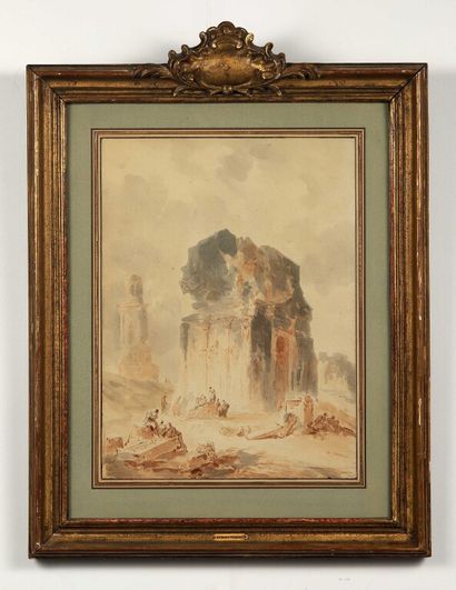 null School of Hubert ROBERT (Paris 1733 1808).

A pair of animated architectural...