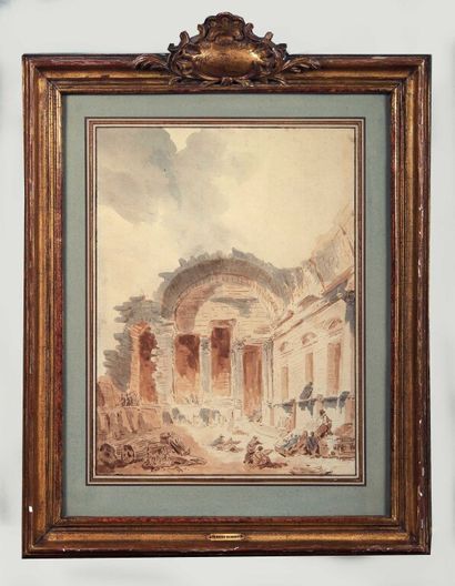 null School of Hubert ROBERT (Paris 1733 1808).

A pair of animated architectural...