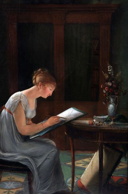 null Attribué à Louise Adéone DROLLING (Paris 1797 1834).

La leçon de dessin.

Huile...