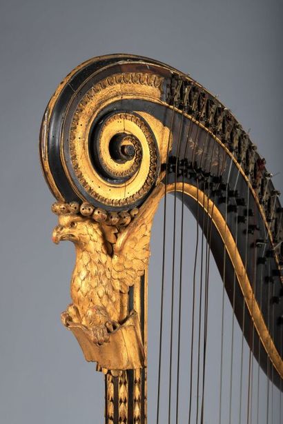 null * Harp in painted and gilded wood, the table with polychrome decoration of flowers...